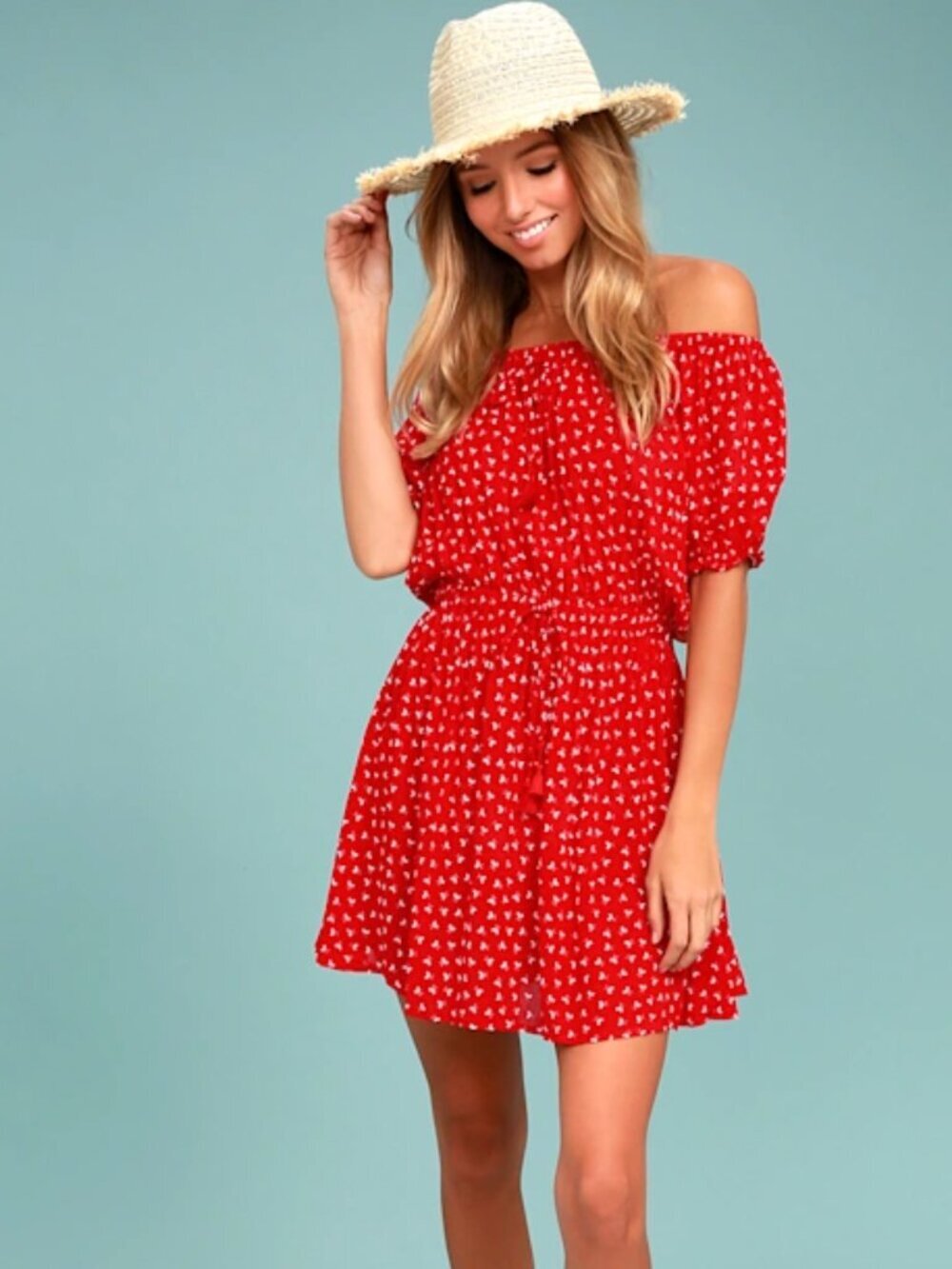 Faithfull the Brand Red Mini Dress with White Heart Print